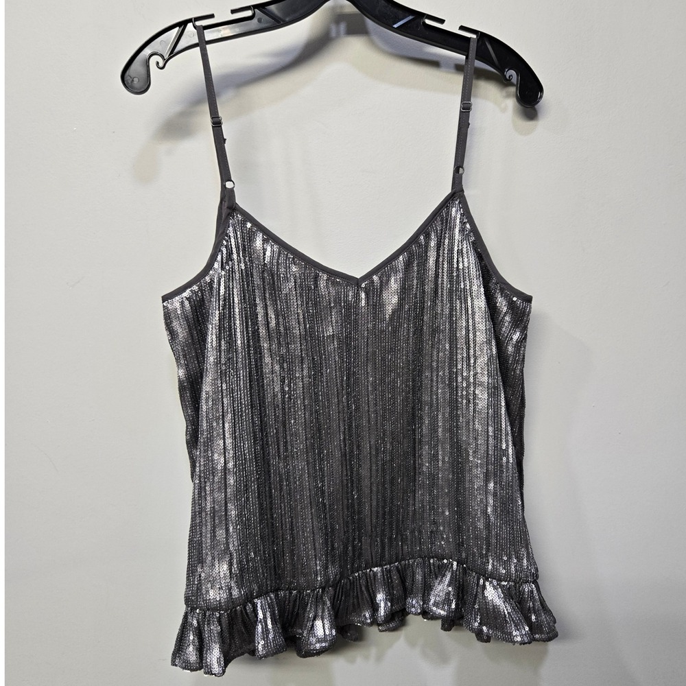 Anthropologie Silver Metallic Ruffle Hem Camisole